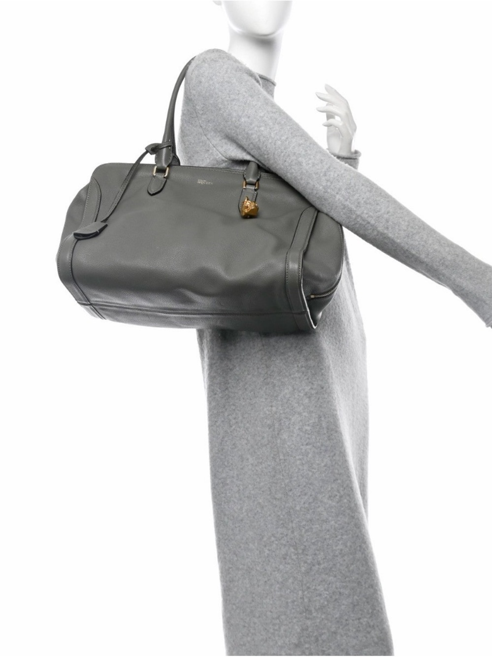 Alexander McQueen Dark Grey Leather Tote with Gold Skull Charm Padlock - Picture 2 of 12